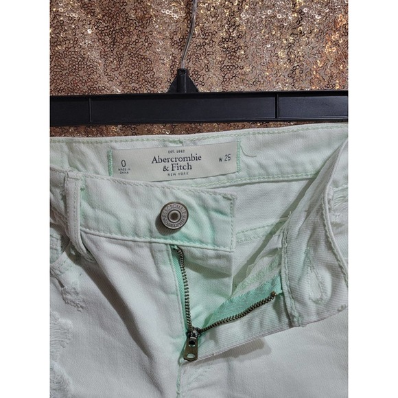 Abercrombie and Fitch Destroyed Cut Off Jean Shorts. Size 0 25. Green Tint White - Picture 5 of 5